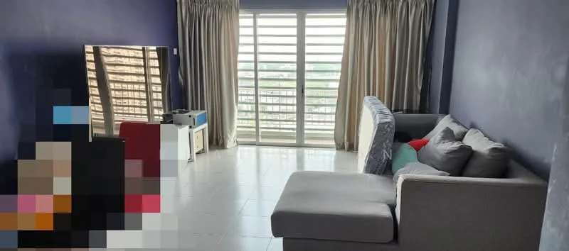Living features: grey fabric sectional sofa, white coffee table, floor-to-ceiling windows, sheer curtains, white tiled flooring, blue accent cushion, red accent cushion, decorative wall with dark blue paint, TV console, wall-mounted TV; style: modern; view: city.