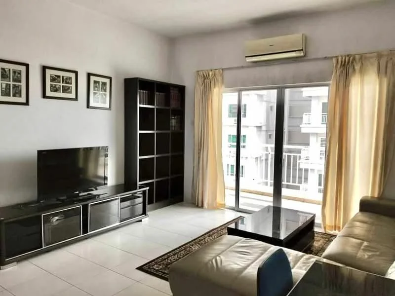 Living features: white painted walls, ceramic tile flooring, 5-blade ceiling fan with light, floor-to-ceiling sliding glass door, sheer curtains, black TV console, wall-mounted TV, 3-seater fabric sofa in grey, coffee table, area rug with geometric pattern, bookshelf with black finish, decorative frames on wall; style: modern.