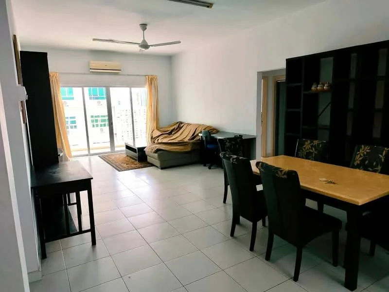 Living features: white painted walls, tile flooring, 5-blade ceiling fan, sofa in beige, coffee table, dining table with 6 chairs, bookshelf, curtains, sliding glass door, floor-to-ceiling windows, area rug; style: modern; view: city.