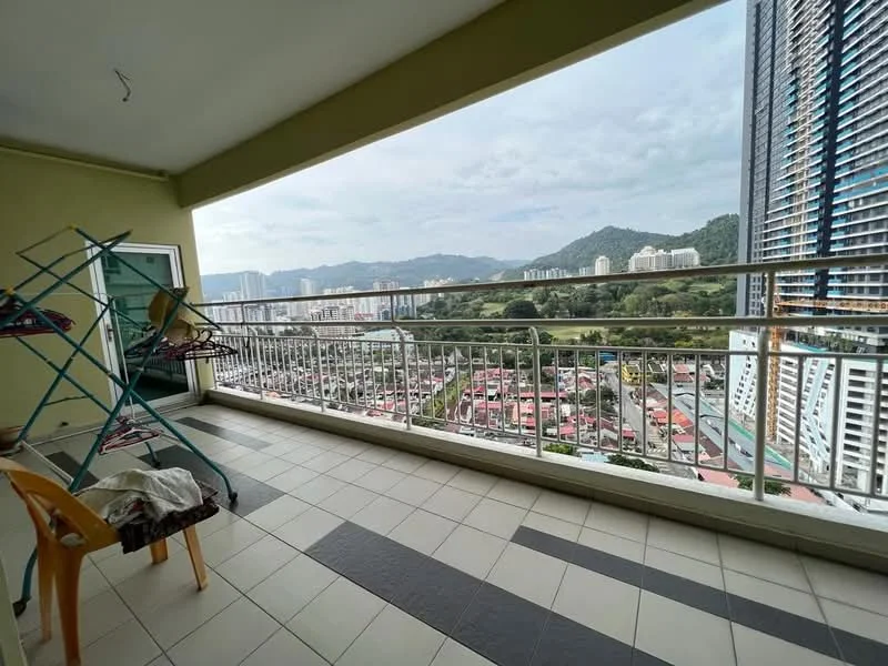 Balcony features: balcony with railing, tiled flooring in grey and cream, mountain view, city view, clothes drying rack, plastic chair, outdoor space, partially covered area; style: modern; view: city.