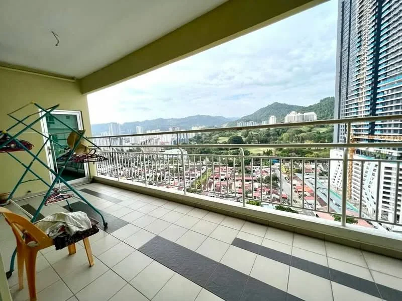 Balcony features: tile flooring, metal railing, mountain view, city skyline view, clothes drying rack, plastic chair; view: city.