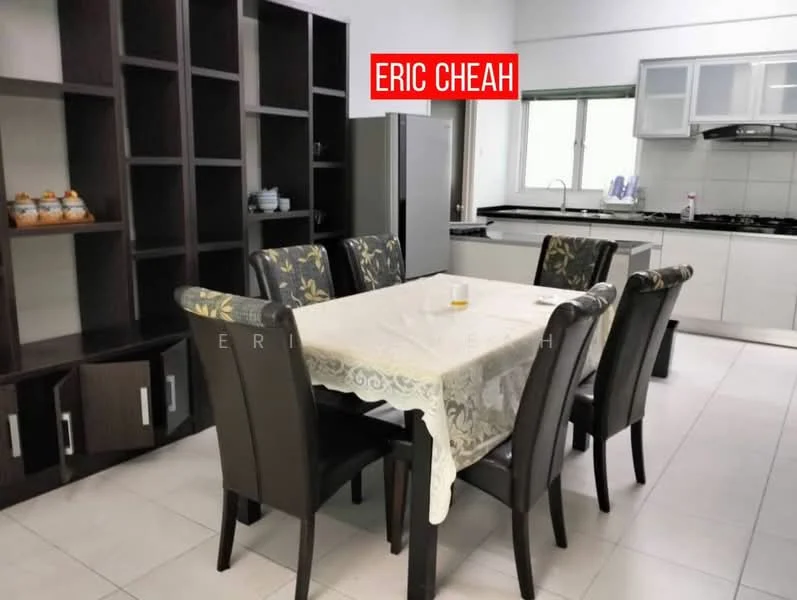 Dining features: 6-seater dining table with white tablecloth, upholstered dining chairs with floral pattern, dark wood cabinetry, open shelving unit, stainless-steel fridge, kitchen countertop with sink visible in background, ceramic tile flooring, white painted walls, window with natural light, light fixtures above dining table; style: modern.