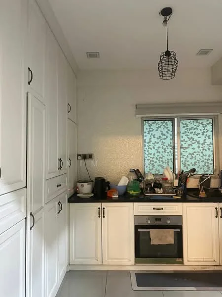Kitchen features: white shaker cabinets, black countertop, built-in oven, stainless-steel sink, chrome pull-down faucet, window with patterned treatment, recessed lighting, pendant light, kitchen appliances visible, dish rack, various kitchen utensils, tile flooring; style: modern.