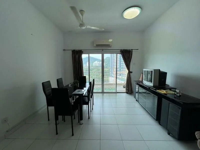 Living features: white painted walls, tile flooring, 5-blade ceiling fan, recessed ceiling light, floor-to-ceiling sliding glass door, curtains, black TV console, dining table with 4 black chairs, TV, decorative items on console; style: modern; view: city.