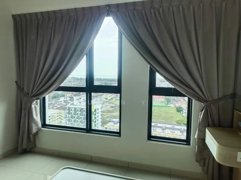 Room features: floor-to-ceiling windows, grey curtains, neutral wall colour, glossy tile flooring, city view, minimalist decor, corner location; style: modern; view: city.