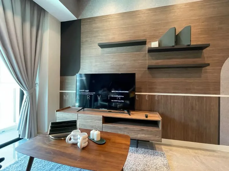 Living features: wooden feature wall, light grey accent wall, floor-to-ceiling windows, curtains in light grey, wall-mounted TV, wooden TV console, open shelving unit, coffee table in wood, decorative items on shelves, area rug in light colour; style: modern.