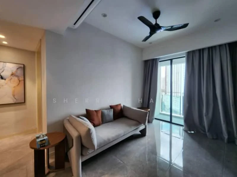 Living features: grey fabric sofa, two brown decorative cushions, marble flooring, floor-to-ceiling windows, sheer curtains, recessed downlights, ceiling fan, wall-mounted air conditioning unit, decorative artwork on wall, neutral painted walls; style: modern; view: city.