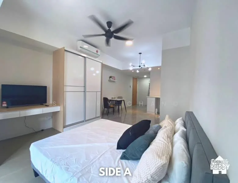 Room features: queen-size bed, upholstered headboard, white bedding, 2 bedside pillows, wall-mounted TV, white TV console, ceiling fan, recessed downlights, built-in wardrobe, light-colored walls, tile flooring, open layout, dining area visible in background; style: modern.