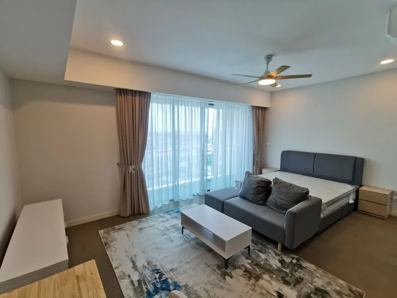Living features: floor-to-ceiling windows, sheer curtains, 5-blade ceiling fan, grey fabric sofa, coffee table, area rug with abstract pattern, light wood TV console, wooden flooring, wall-mounted TV, decorative wall paneling; style: modern; view: city.