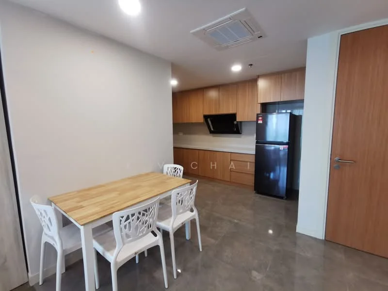 Kitchen features: wood cabinetry, grey countertop, stainless-steel fridge, built-in oven, ceramic cooktop, single-bowl stainless-steel sink, chrome pull-down faucet, recessed downlights, grey tile flooring, open-plan layout, dining table with four chairs; style: modern.