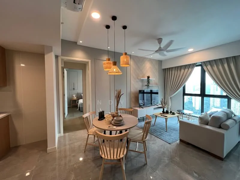 Living features: 5-blade ceiling fan with light, wall-mounted TV, light grey sofa, round dining table, 4 wooden dining chairs, pendant lighting above dining table, decorative wall shelf, area rug, floor-to-ceiling windows, curtains, marble flooring, decorative plants; style: modern; view: city. Kitchen features: wood cabinetry, white countertops, stainless-steel sink, built-in oven, ceramic tile flooring; style: modern. Room features: doorway leading to another room, neutral wall color, recessed lighting.
