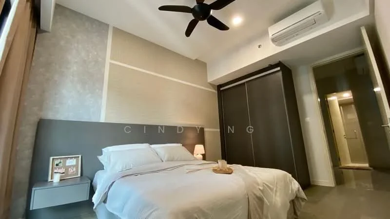 Bedroom features: king-size bed with white bedding, upholstered headboard, 2 bedside lamps, built-in wardrobe with sliding doors, grey accent wall, cream painted walls, ceiling fan, wall-mounted air conditioning unit, marble tile flooring, decorative wall art, curtains, nightstand; style: modern.
