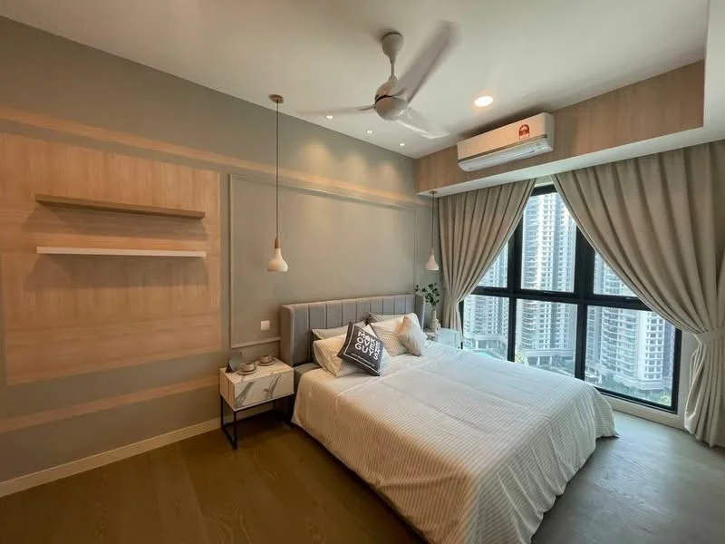 Bedroom features: king-size bed with white bedding, upholstered headboard, 2 bedside tables, pendant lights above bedside tables, 5-blade ceiling fan, wall-mounted air conditioning unit, floor-to-ceiling windows, curtains, wooden flooring, decorative wall paneling, houseplant in ceramic pot; style: modern; view: city.