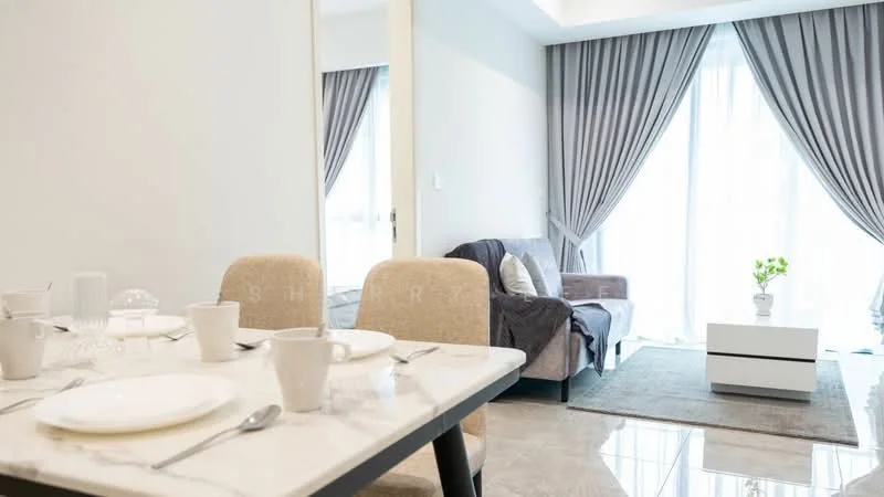 Dining features: marble dining table, upholstered dining chairs, cutlery and plates set on table, glassware on table, neutral wall colour, grey area rug, floor-to-ceiling windows, sheer curtains, dark fabric sofa, white coffee table, decorative plant on coffee table; style: modern.