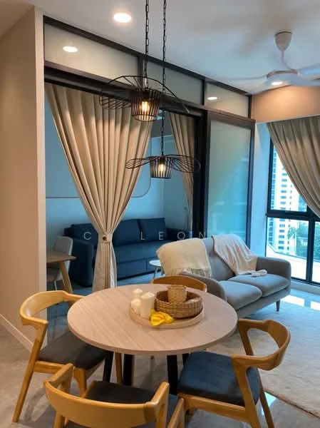 Dining features: round dining table, wooden dining chairs, decorative basket on table, yellow decorative item on table, pendant lighting with black wire frame, curtains in light beige, grey sofa in background, floor-to-ceiling windows, light-colored flooring, ceiling fan; style: modern; view: city.