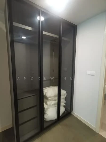 Room features: glass-front wardrobe, black frame, built-in shelving, drawers, white bedding, neutral wall colour, recessed ceiling lights, flooring with tile finish; style: modern.