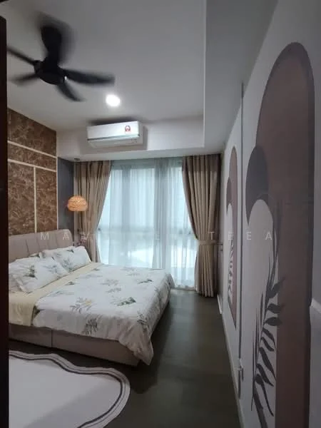 Bedroom features: king-size bed with beige upholstered headboard, bedding with floral pattern, 2 bedside lamps, floor-to-ceiling windows, sheer curtains, wall-mounted split AC, 5-blade ceiling fan, decorative wall with wood paneling, accent wall with abstract design, laminate flooring; style: modern.