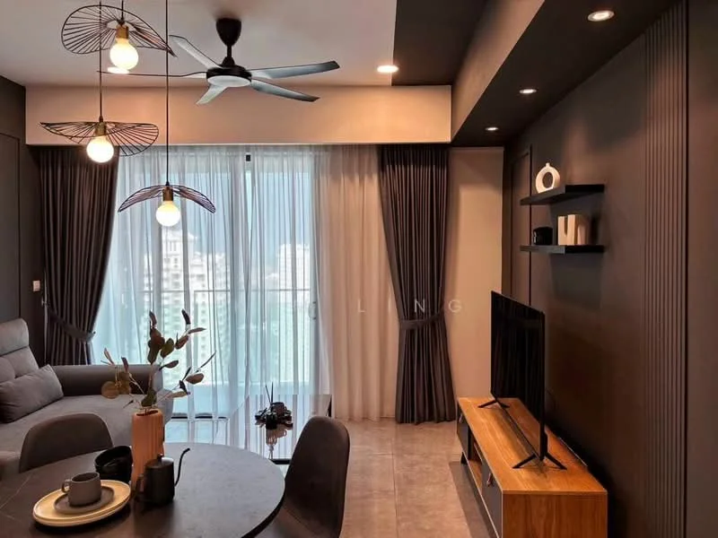 Living features: 3-seater fabric sofa in grey, round dining table, 4 upholstered dining chairs, wall-mounted TV, wooden TV console, floor-to-ceiling windows, sheer curtains, dark accent wall, ceiling fan with light, pendant lights, decorative items on shelves, tile flooring; style: modern; view: city.