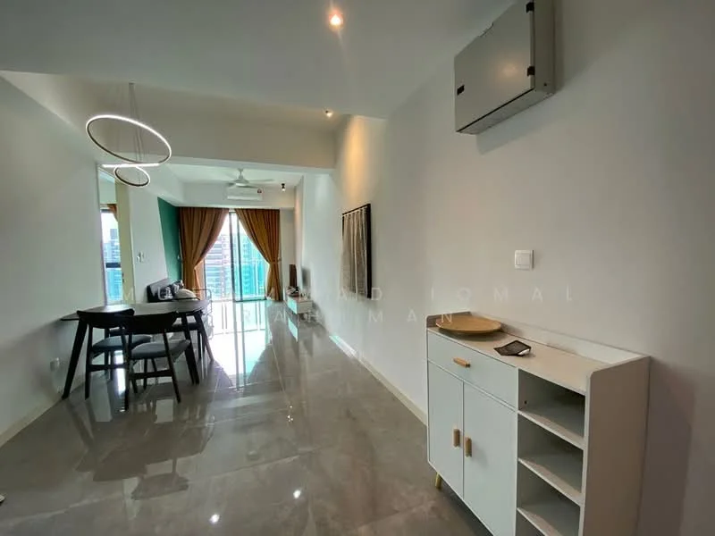 Living features: grey marble tile flooring, white painted walls, recessed downlights, 5-blade ceiling fan with light, round pendant light, floor-to-ceiling windows, curtains in brown, dining table with four chairs, sideboard cabinet, decorative wall art; style: modern; view: city.