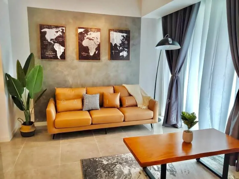 Living features: 3-seater leather sofa in tan, wood coffee table, area rug with geometric pattern, floor-to-ceiling windows, sheer curtains, dark grey accent wall, framed world map artwork, indoor plant in ceramic pot, lamp with adjustable arm; style: modern.