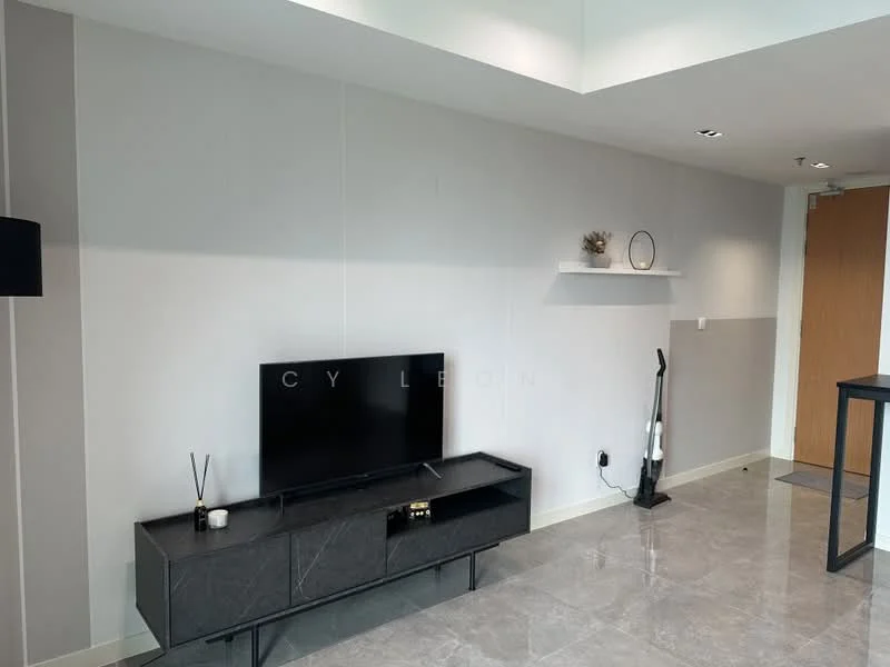 Living features: grey painted walls, polished concrete flooring, wall-mounted TV, black TV console, shelf above TV console, floor lamp, vacuum cleaner, doorway, light ceiling, neutral decor; style: modern.