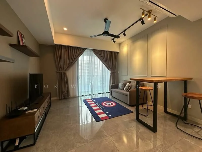 Living features: grey fabric sofa, wooden coffee table, TV console, wall-mounted TV, area rug with star pattern, 5-blade ceiling fan with light, recessed downlights, floor-to-ceiling windows, curtains, polished tile flooring, decorative wall panels, wall-mounted artwork; style: modern; view: city.