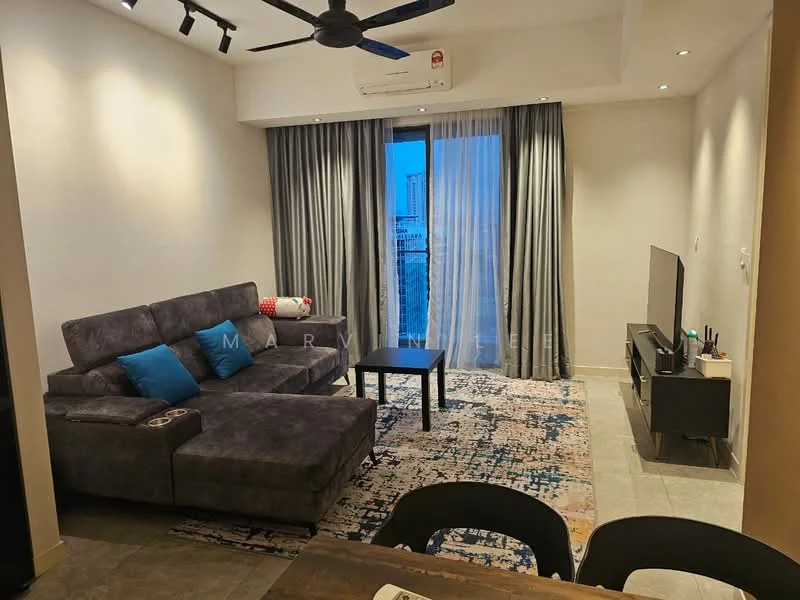 Living features: 3-seater fabric sofa in grey, blue accent cushions, area rug with abstract pattern, wall-mounted TV, TV console in black, floor-to-ceiling windows, sliding glass door, curtains in grey, ceiling fan with light, recessed downlights, light grey tiled flooring, decorative wall art; style: modern; view: city.