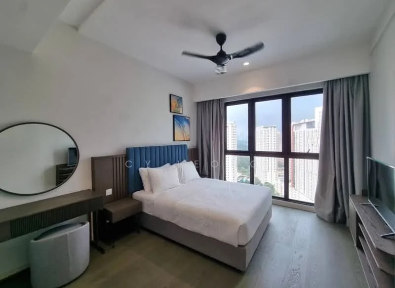 Bedroom features: queen-size bed, upholstered headboard in blue, 2 bedside lamps, wall-mounted TV, wooden flooring, floor-to-ceiling windows, curtains, ceiling fan with light, dressing table with round mirror, built-in wardrobe, decorative artwork on walls; style: modern; view: city.