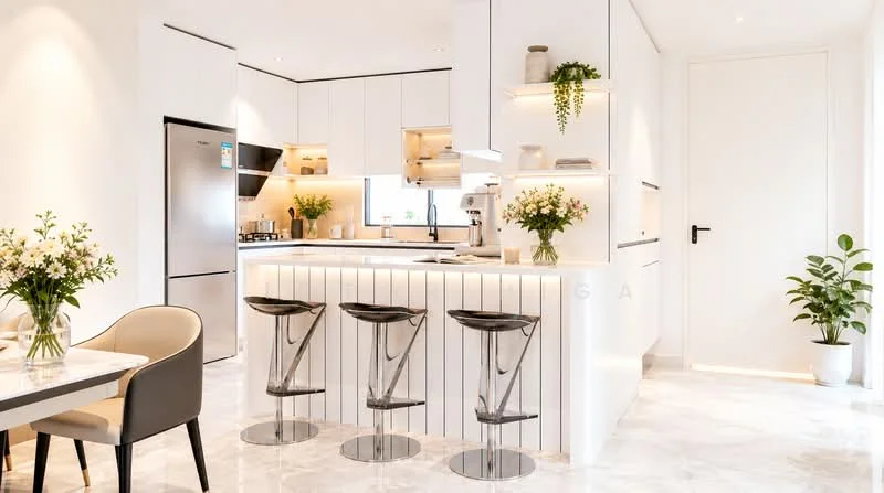 Kitchen features: white cabinetry, marble countertop, stainless-steel fridge, built-in oven, 4-burner gas hob, extractor hood, bar stools with transparent seats, recessed lighting, open shelving, decorative vases, fresh flowers in vase, plant in pot, white walls, marble tile flooring; style: modern.