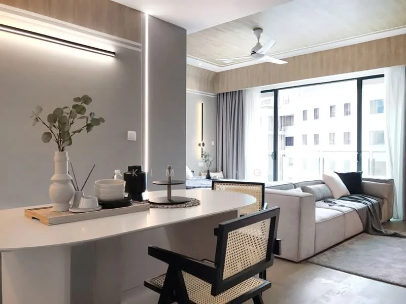 Living features: light grey painted walls, wood paneling on ceiling, 5-blade ceiling fan with light, floor-to-ceiling windows, sheer curtains, sofa in light beige, decorative throw blanket, area rug in neutral tones, coffee table, dining table with white surface, black dining chairs with cane backing, decorative vase with greenery; style: modern; view: city.