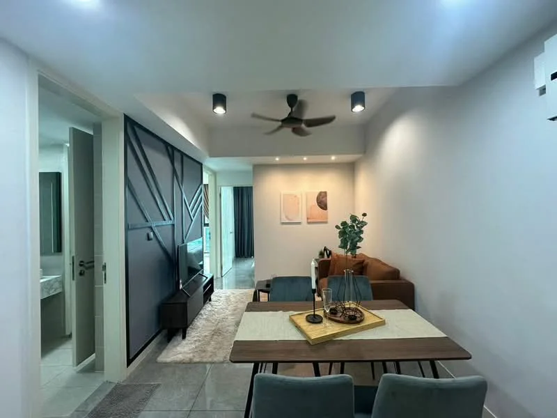 Dining features: 4-seater dining table, wooden dining table, upholstered dining chairs in teal, pendant lighting, 5-blade ceiling fan, decorative wall art, plant in ceramic pot, area rug, neutral wall color, tile flooring; style: modern. Living features: 2-seater fabric sofa in brown, coffee table, TV console, neutral wall color, tile flooring; style: modern.