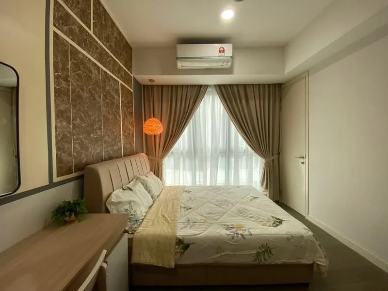 Bedroom features: king-size bed with upholstered headboard, bedding with floral pattern, wooden bedside table, wall-mounted mirror, floor-to-ceiling windows with sheer curtains, recessed downlights, ceiling-mounted air conditioning unit, decorative pendant light, light-colored walls, accent wall with marble pattern, laminate flooring; style: modern.