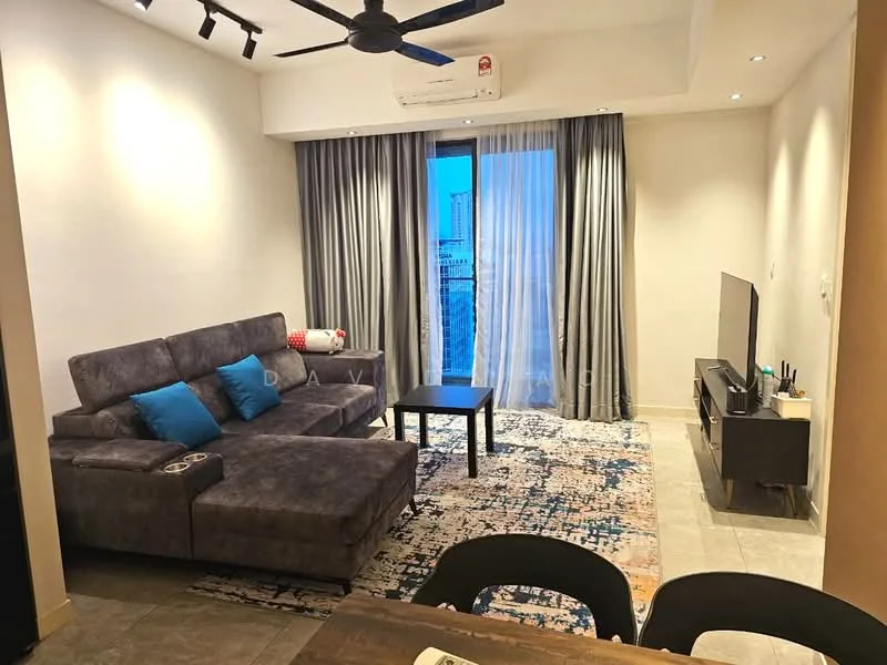 Living features: L-shape sectional sofa in grey, coffee table, wall-mounted TV, TV console, area rug with geometric pattern, floor-to-ceiling windows, curtains, ceiling fan, recessed downlights, wall sconce, decorative wall art, tile flooring; style: modern; view: city.