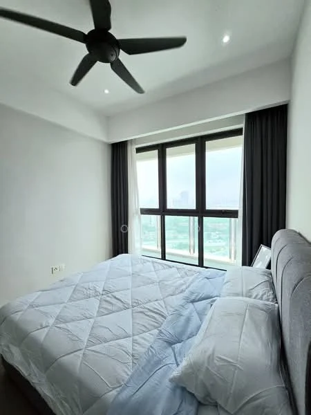 Bedroom features: king-size bed, upholstered headboard, white bedding, 5-blade ceiling fan with light, floor-to-ceiling windows, grey curtains, white painted walls, recessed downlights; style: modern; view: city.