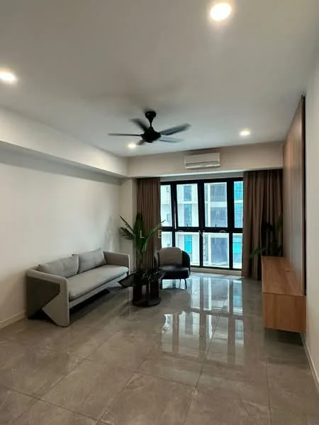 Living features: 3-seater fabric sofa in light grey, ceiling fan, recessed LED downlights, floor-to-ceiling windows, curtains, polished tile flooring, wooden TV console, indoor plants, air conditioning unit; style: modern; view: city.