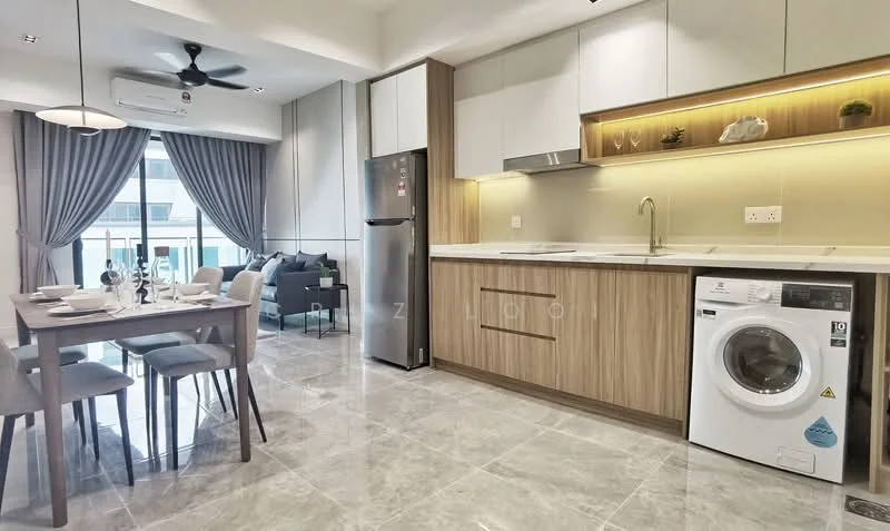 Kitchen features: white cabinets, wooden cabinetry, marble countertop, stainless-steel sink, chrome pull-down faucet, built-in oven, stainless-steel fridge, front-load washing machine, recessed LED downlights, grey tile flooring, floor-to-ceiling windows, sheer curtains, dining table with 4 chairs, 3-blade ceiling fan; style: modern; view: garden.