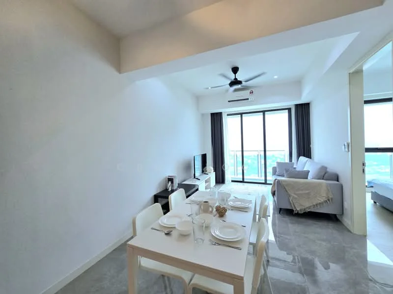 Dining features: white dining table, 4 white dining chairs, ceramic dinner plates, glass drinking glasses, cutlery, 5-blade ceiling fan with light, grey sofa, wall-mounted TV, floor-to-ceiling windows, grey curtains, marble tile flooring, white painted walls; style: modern; view: city. Living features: grey sofa, wall-mounted TV, floor-to-ceiling windows, grey curtains, marble tile flooring, white painted walls; style: modern; view: city.