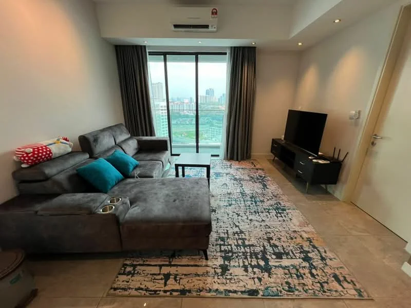 Living features: L-shape sectional sofa in grey, decorative cushions in blue, coffee table, area rug with abstract pattern, wall-mounted TV, TV console in black, floor-to-ceiling windows, curtains, recessed downlights, wall-mounted split AC, ceramic tile flooring, neutral painted walls; style: modern; view: city.