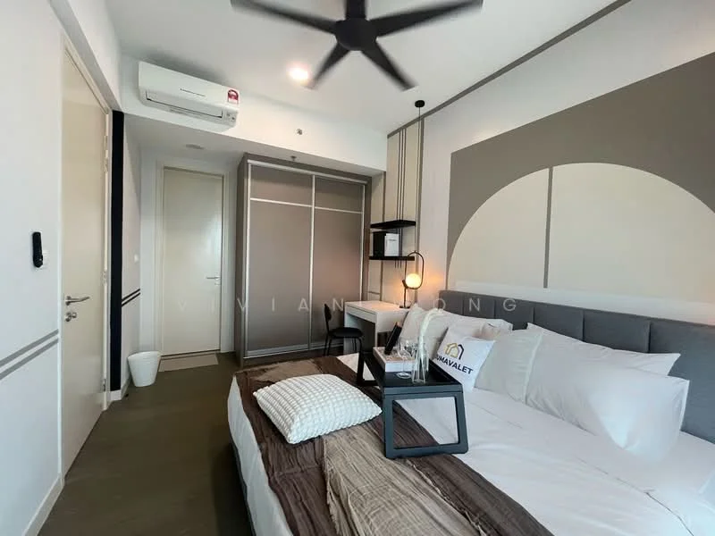 Bedroom features: king-size bed with grey upholstered headboard, white bedding with decorative pillows, 2 bedside tables with lamps, wall-mounted shelf, built-in wardrobe with sliding doors, white painted walls, ceiling fan, wall-mounted air conditioning unit, flooring in dark tiles, decorative wall art, window with sheer curtains; style: modern.