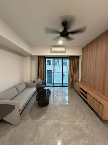 Living features: 3-seater fabric sofa in grey, coffee table, TV console, wall-mounted TV, marble tile flooring, ceiling fan with light, floor-to-ceiling windows, curtains, wood feature wall, air conditioning unit; style: modern.