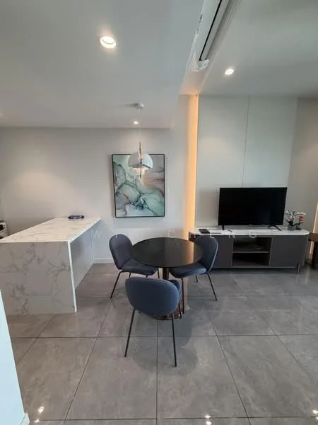 Living features: marble countertop, round dining table, upholstered dining chairs in blue, wall-mounted TV, TV console, grey tiled flooring, recessed downlights, framed artwork, air conditioning unit; style: modern.