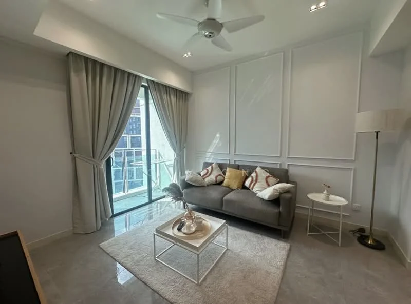 Living features: grey fabric sofa, decorative cushions, white coffee table, area rug, floor-to-ceiling windows, sheer curtains, balcony door, recessed downlights, ceiling fan, wall paneling, light-colored walls, marble tile flooring; style: modern; view: city.