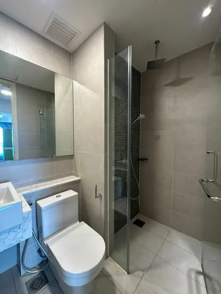 Bathroom features: single-sink vanity with marble countertop, framed mirror, one-piece toilet, walk-in shower with glass enclosure, handheld shower, tile cladding, ceramic tile flooring, recessed downlights; style: modern.