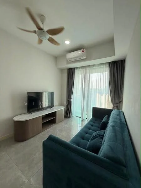 Living features: 3-blade ceiling fan, wall-mounted TV, TV console with marble top, blue fabric sofa, floor-to-ceiling windows, sheer curtains, grey tiled flooring, air conditioning unit; style: modern; view: city.