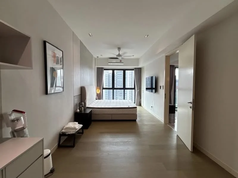 Bedroom features: queen-size bed, upholstered headboard, 2 bedside lamps, wall-mounted TV, built-in wardrobe, ceiling fan, large windows with city view, light wood flooring, neutral painted walls, decorative artwork, open shelving unit, white bedside table, waste bin; style: modern; view: city.