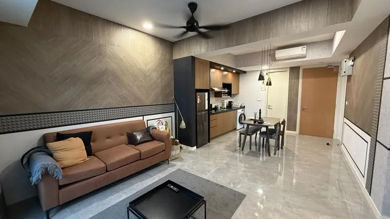 Living features: 3-seater fabric sofa in brown, coffee table, area rug, ceiling fan, wall-mounted TV, decorative wall paneling, marble tile flooring, recessed downlights; style: modern. Kitchen features: kitchen cabinetry in dark wood, stainless-steel sink, built-in oven, freestanding range oven, black countertop, refrigerator, pendant lighting, open shelving; style: modern. Dining features: 4-seater dining table, upholstered dining chairs, decorative wall paneling, marble tile flooring; style: modern.