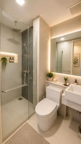 Bathroom features: walk-in shower with glass enclosure, rain shower head, handheld shower, grey mosaic tile wall, white marble countertop, single-sink vanity with white cabinet, one-piece toilet, framed mirror, recessed lighting, decorative plants, towel rail, neutral tile flooring; style: modern.