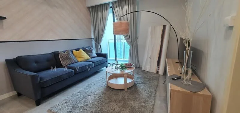 Living features: 3-seater fabric sofa in navy blue, decorative cushions in yellow and grey, round coffee table with wooden top, area rug in light grey, floor-to-ceiling windows with city view, wooden TV console, decorative wall art, floor lamp with curved arm, vase with dried branches; style: modern; view: city.