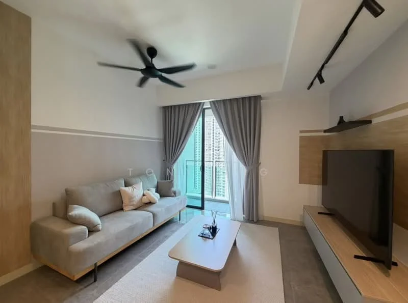 Living features: 3-seater fabric sofa in light grey, coffee table, wall-mounted TV, TV console, floor-to-ceiling windows, curtains, ceiling fan with light, light grey area rug, decorative wall paneling, decorative wall shelf; style: modern; view: city.