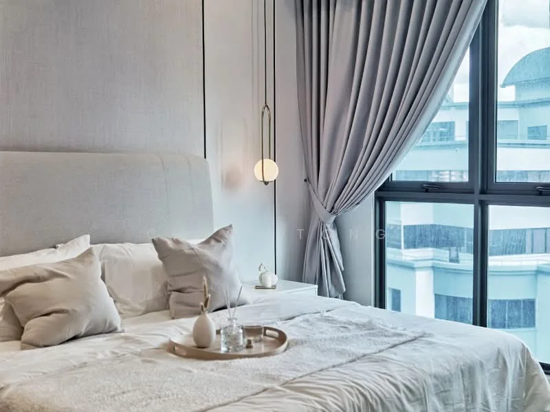 Bedroom features: king-size bed with upholstered headboard, white bedding with decorative pillows, nightstand with decorative items, floor-to-ceiling windows, sheer curtains, grey curtains, pendant light fixture, light-colored wall, wooden flooring; style: modern; view: city.